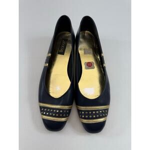 Vintage Beacon 80s 90s Navy Blue Gold Leather Flats | Studded Toe | Size 6.5